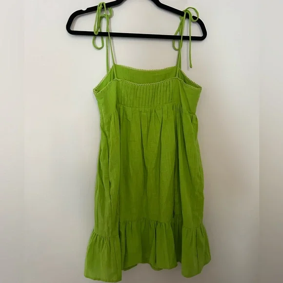 Lulus’ Dreamgirl Lime Green Pleated Tie-Shoulder Babydoll Linen Mini Dress - Picture 4 of 8